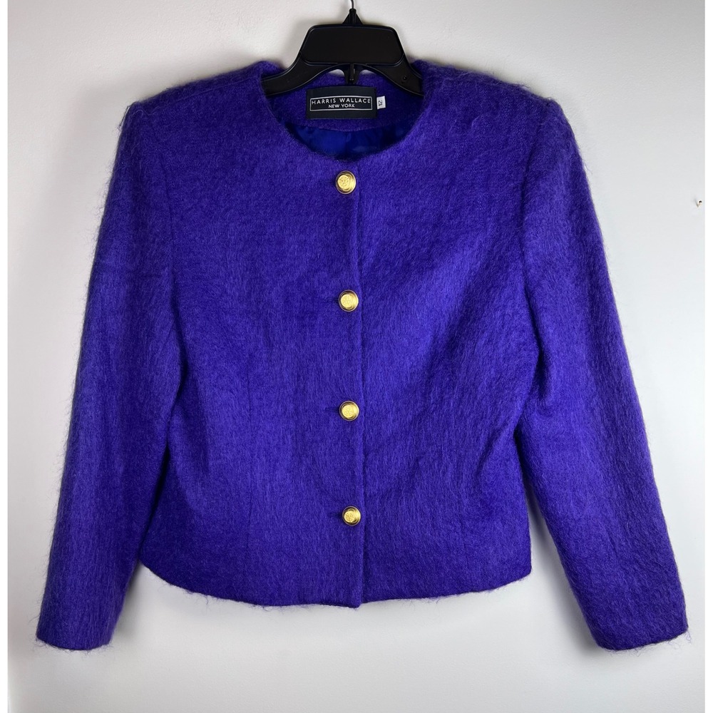 VTG Harris Wallace New York Purple Fuzzy Mohair Button Front Blazer Jacket Sz 13